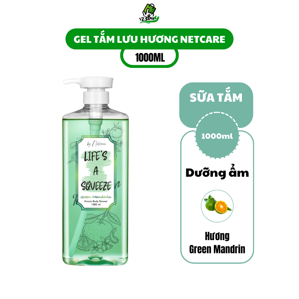 Gel Tắm Lưu Hương NetCare Hương Green Mandarin (Quả Quýt Xanh), Sữa Tắm Hương Tự Nhiên Nhập Khẩu 1000ml