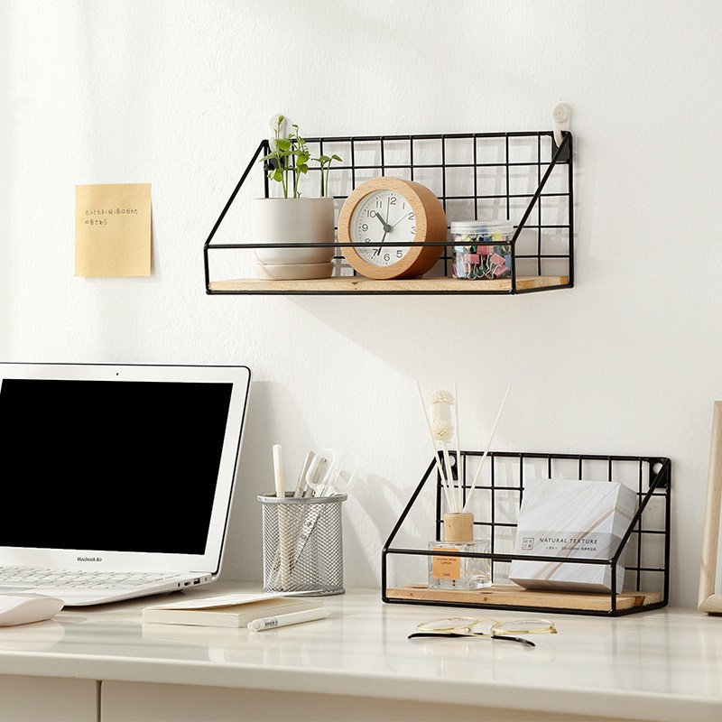Kệ sắt đáy gỗ, kệ sắt đáy gỗ treo tường, kệ sắt treo tường đáy gỗ + tặng kèm miếng dán và đinh 4 chân đóng tường