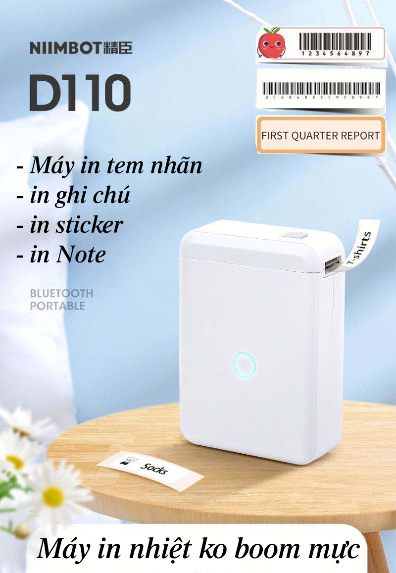  Máy in tem nhãn mini kết nối BLUETOOTH bằng ĐT để in ghi chú - note - sticker bằng app Niimbot D110 phù hợp IOS ANDROID 