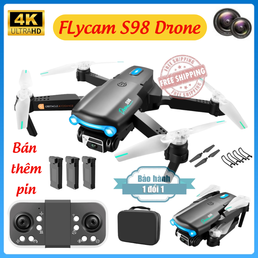 Flycam 4K Ultra HD S98, Máy bay flycam mini trang bị 2 camera, Flycam giá rẻ điều khiển từ xa, Drone camera mini quay phim chụp ảnh chuyên nghiệp