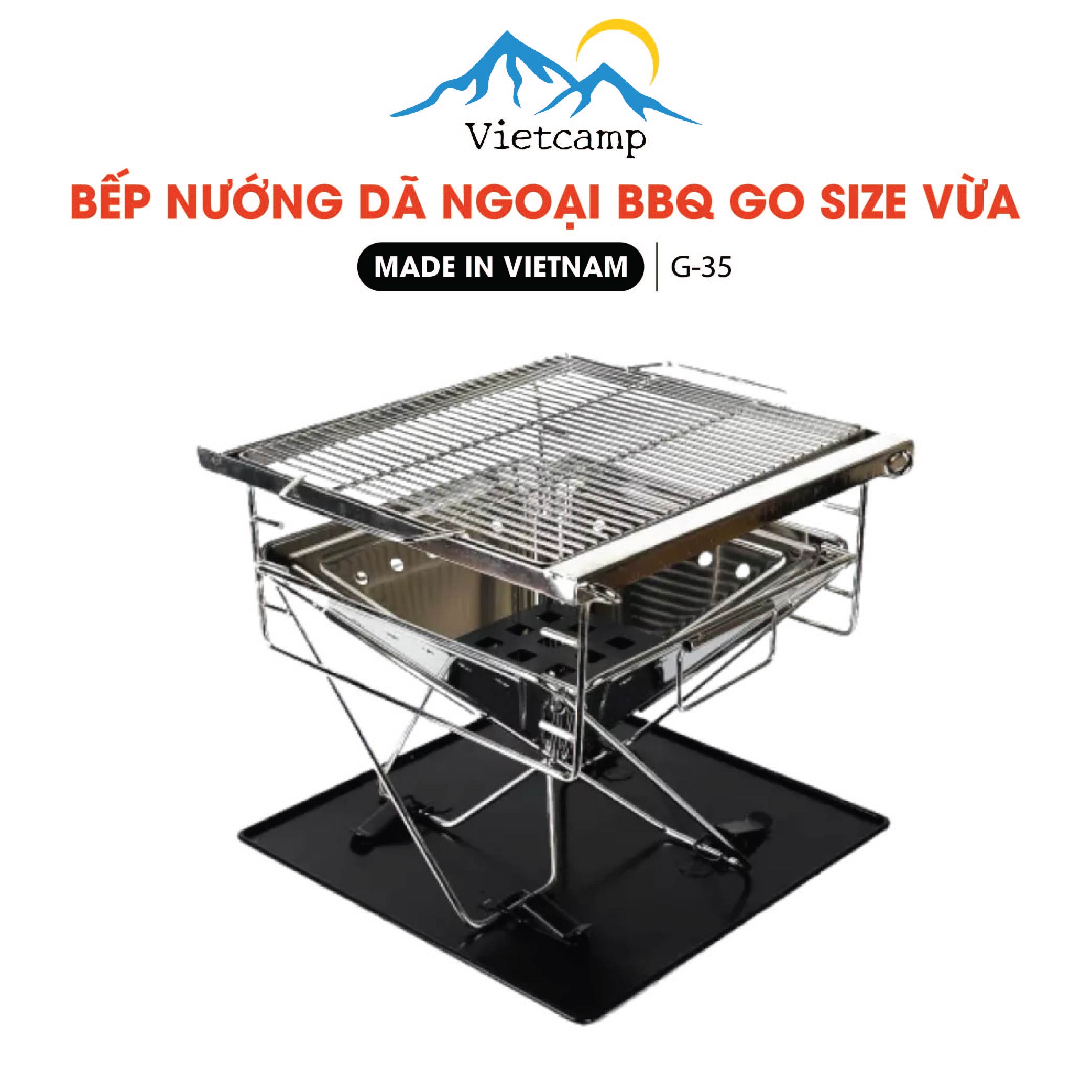 Bếp nướng than chống gỉ Made by Vietcamp - Inox 304 - Cỡ vừa cho gia đình 4 đến 6 người - 35x35cm - có thể xếp gọn