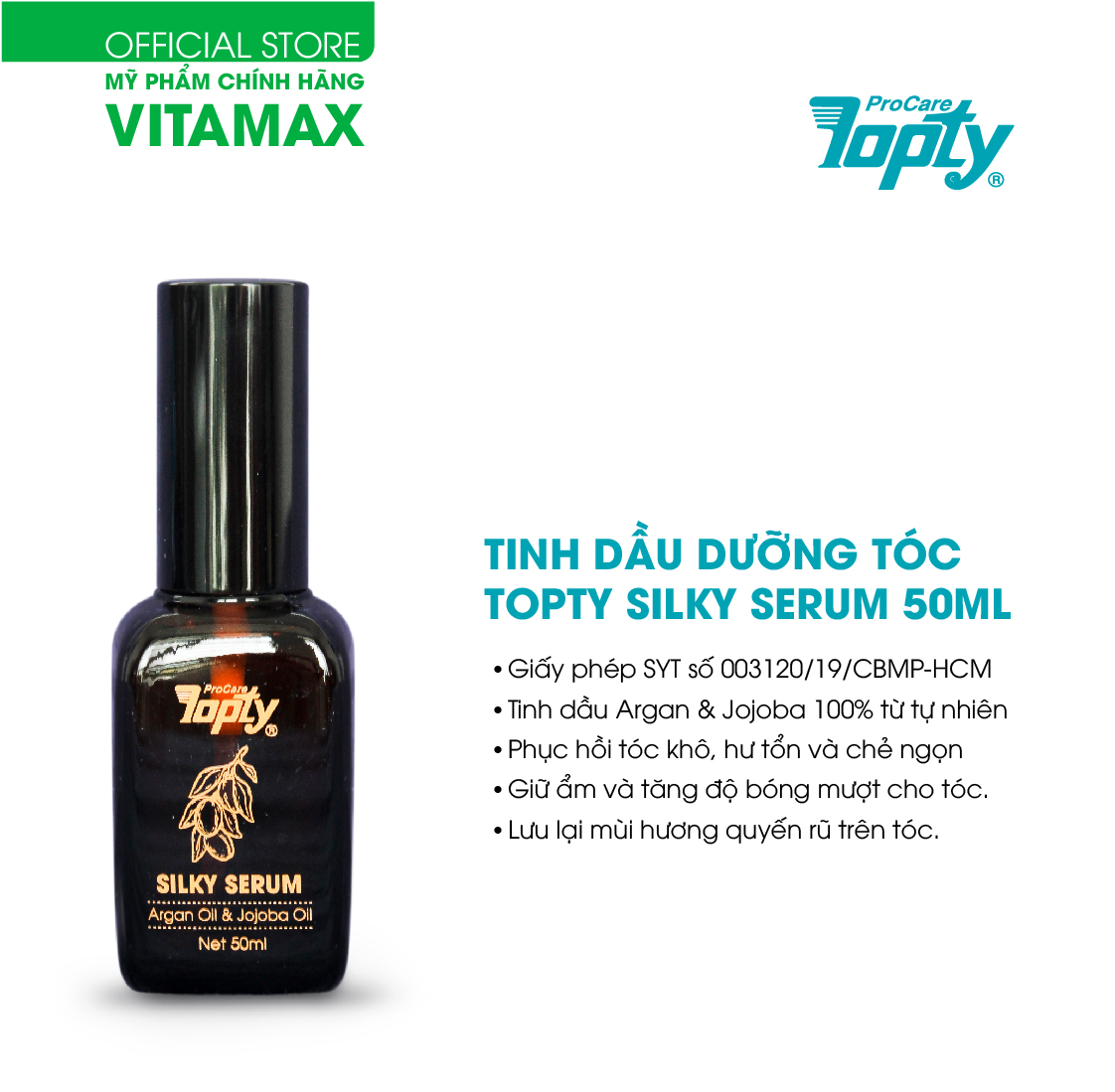 Tinh dầu dưỡng tóc THIÊN NHIÊN TOPTY 50ml từ dầu ARGAN & JOJOBA BÓNG MƯỢT PHỤC HỒI TÓC KHÔ & HƯ TỔN Silky Serum