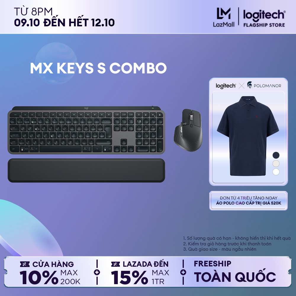 Combo Chuột & Bàn Phím Bluetooth Logitech MX Keys S Combo - Chỗ gác tay, Chiếu sáng tùy chỉnh, Cuộn nhanh, Bluetooth, USB C, phù hợp Windows, Linux, Chrome, Mac