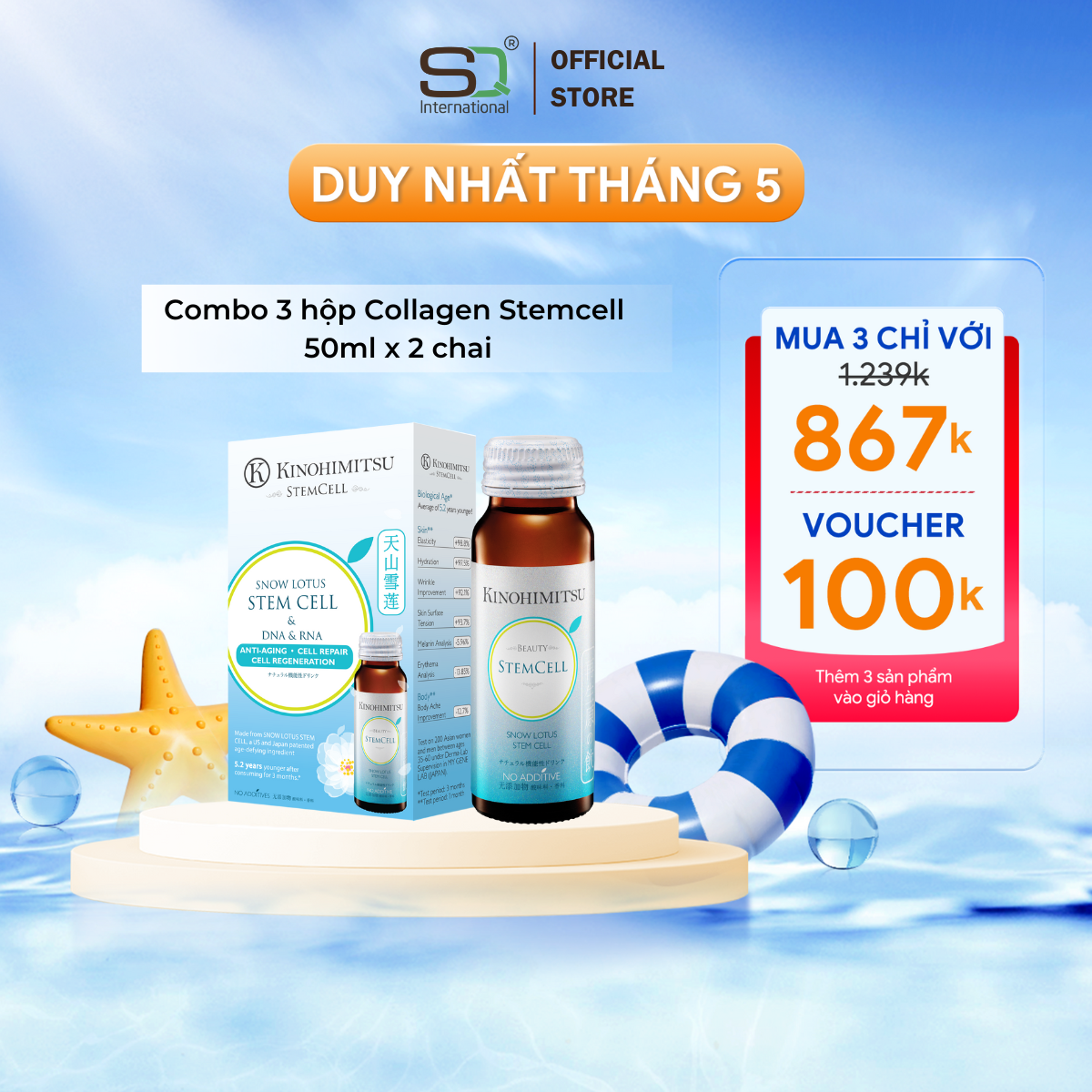 Nước uống chống lão hoá từ Tế Bào Gốc Kinohimitsu Collagen Stemcell (Hộp 2 chai) Date