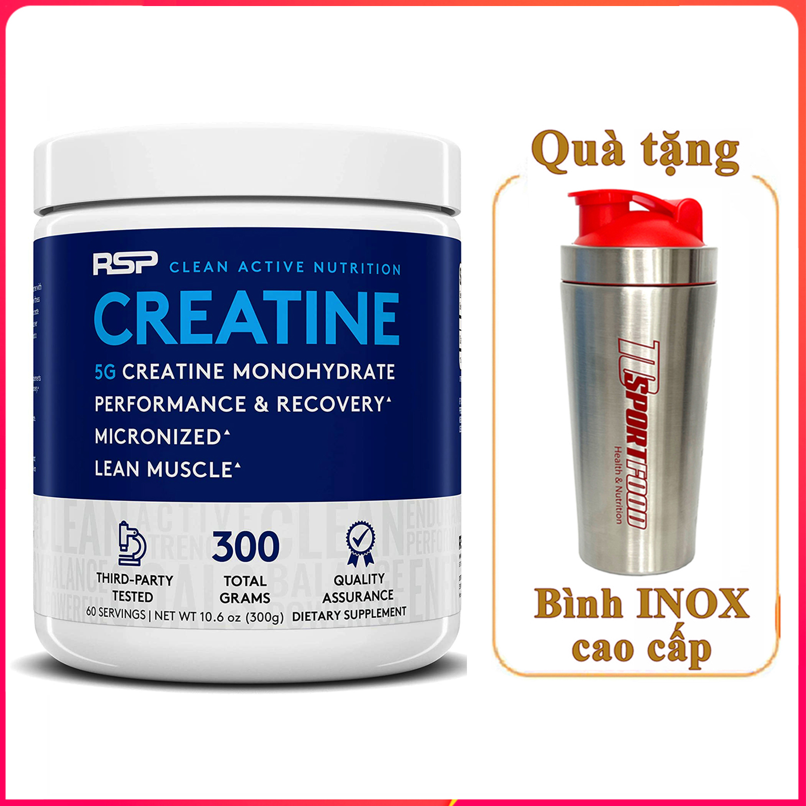 [TẶNG BÌNH INOX] Thực phẩm bổ sung Creatine của RSP hỗ trợ Tăng Sức Bền, Sức Mạnh đốt mỡ giảm cân 60 lần dùng cho người tập GYM và chơi thể thao