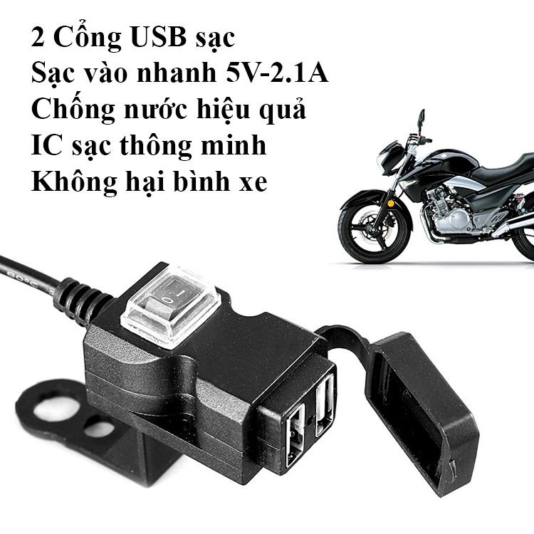Bộ Sạc điện thoại gắn cho xe máy, 2 Cổng USB Sạc – Loại sạc vào nhanh 5V-2.1A Chống nước (CD3022)