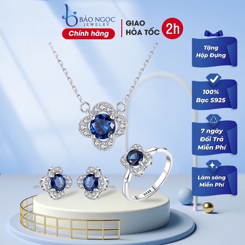 Bộ trang sức bạc s925 bông hoa 4 cánh, combo bộ 3 món nữ trang bạc xi bạch kim cao cấp - bdm2313- bảo ngọc jewelry
