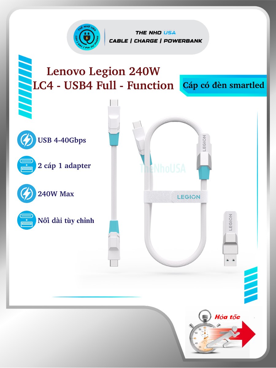 Cáp sạc nhanh Lenovo Legion USB 4 Full Fuction 40Gpbs LC4 nối dài tùy chỉnh có đèn smartled 240W