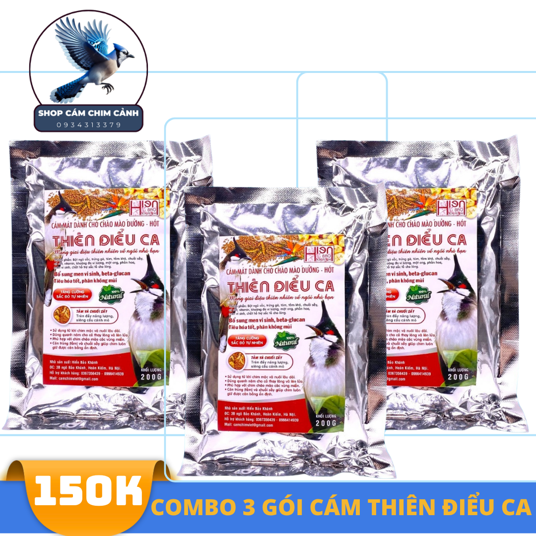 Combo 3 gói Thiên Điểu Ca - Cám chim chào mào chính hãng Hiển Bảo Khánh dòng cám mát, dưỡng hót , thi đấu tốt 200gr
