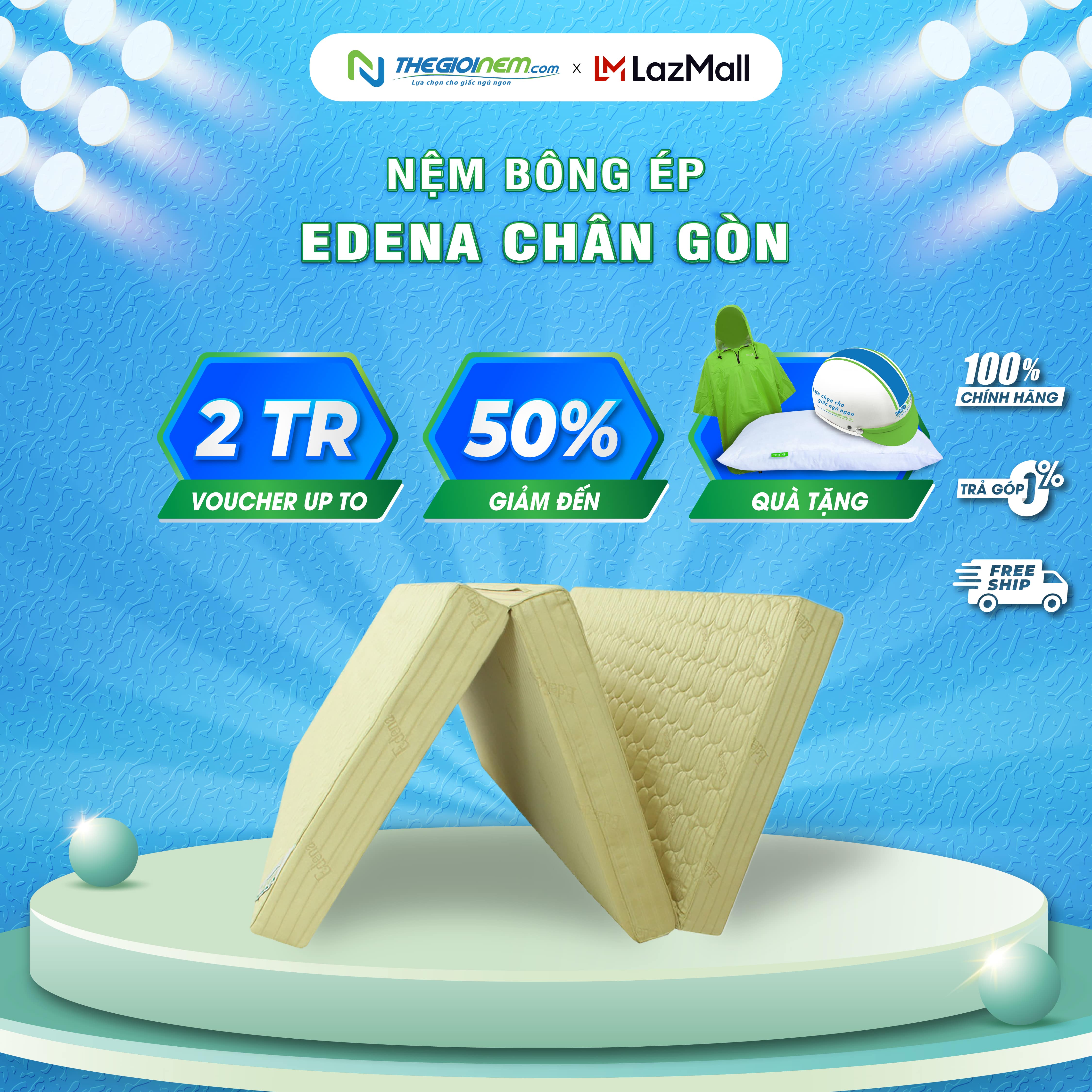 [Trả góp 0%] Nệm bông ép gấp 3 chần gòn Edena  size 180x198x14cm-Bảo hành 5 năm.