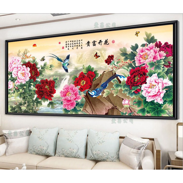 Tranh thêu chữ thập chỉ lụa thêu kín chưa thêu mẫu đơn phú quý hh0912
