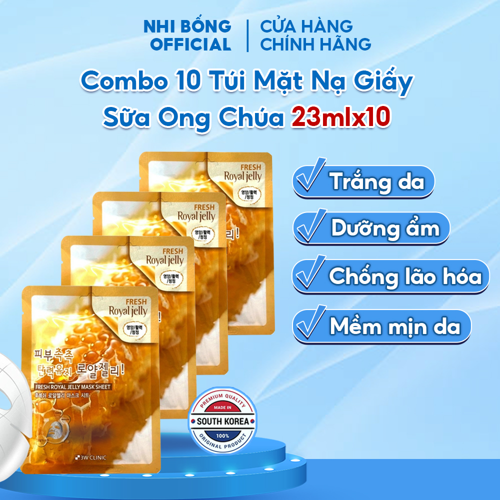 Combo 10 Túi Mặt nạ giấy dưỡng da 3W Clinic Hàn Quốc giúp trắng da dưỡng ẩm mềm mịn da chiết xuất sữa ong chúa 23mlx10