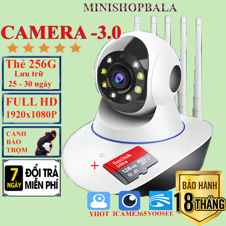 Camera 3.0mpx có 5 râu wifi full HD 1920x1080p kèm thẻ nhớ 256G lưu giữ liệu 25-30 ngày. Đổi trả trong vòng 1 tuần, SP chất lượng cam kết bảo hành 18 tháng.