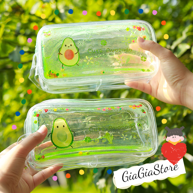 Túi đựng trong suốt cỡ lớn có nhũ hình quả bơ và đào đáng yêu Dùng làm bóp viết đựng bút, mỹ phẩm