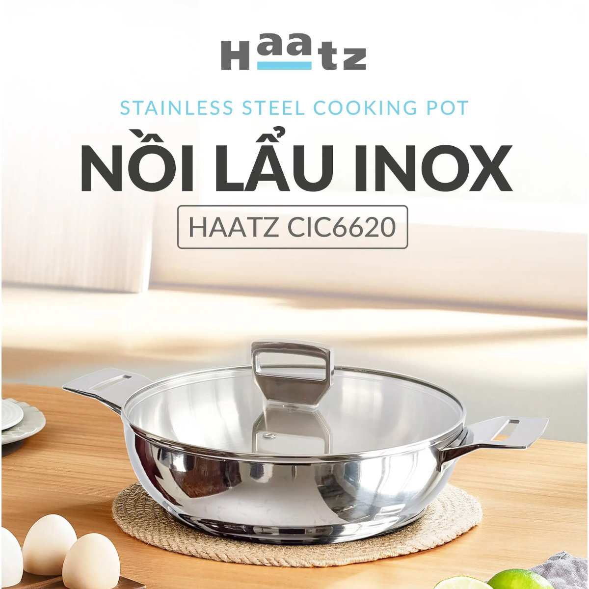 Nồi lẩu inox 316 đúc liền khối haatz cic6620 size 26cm kèm vung kính