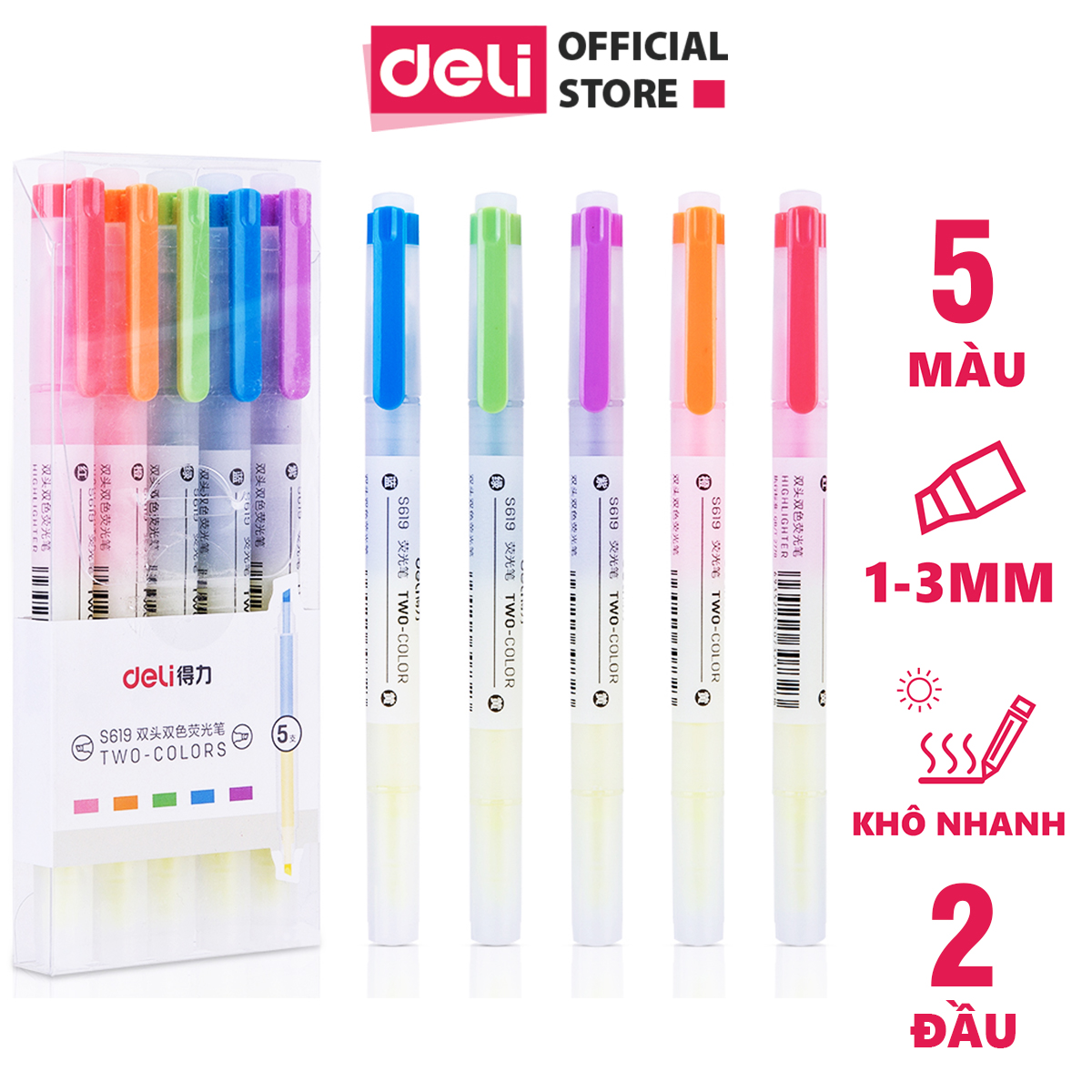 Bút highlight nhấn dòng dạ quang 2 đầu Deli - set 5 chiếc bút đánh dấu, nhớ dòng, khô nhanh - S619
