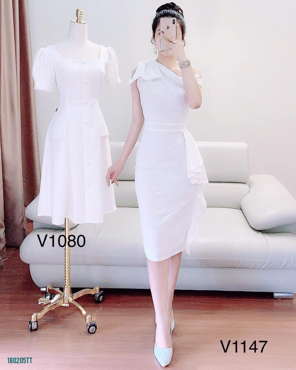 Đầm body lệch vai phối nơ chất umi freesize 2 màu trắng đỏ