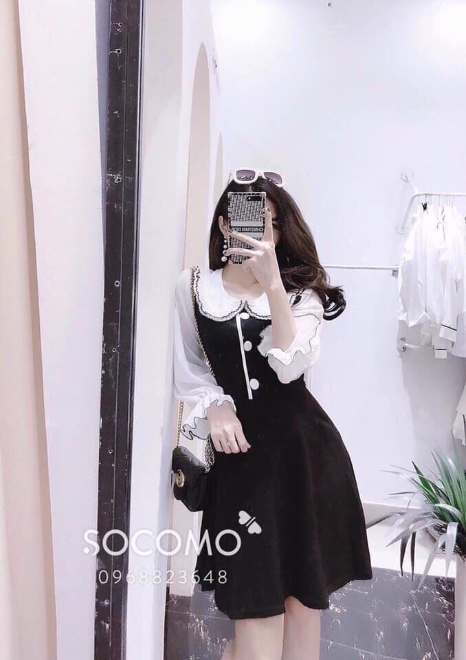 Đầm xòe nút phối tay trắng tiểu thư