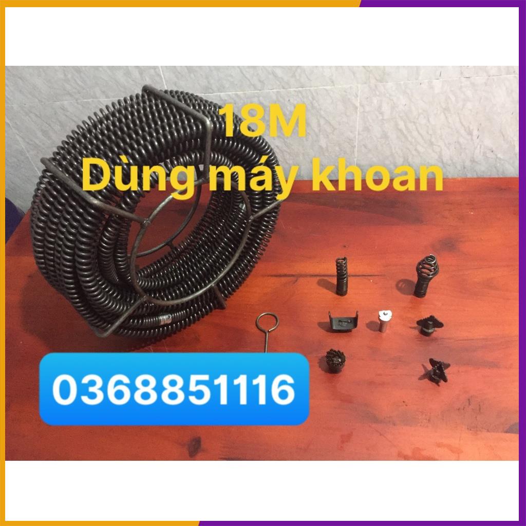 Dây thông tắc vệ sinh dài 18m, thông bồn cầu, dây thông cống lò xo dùng máy khoan