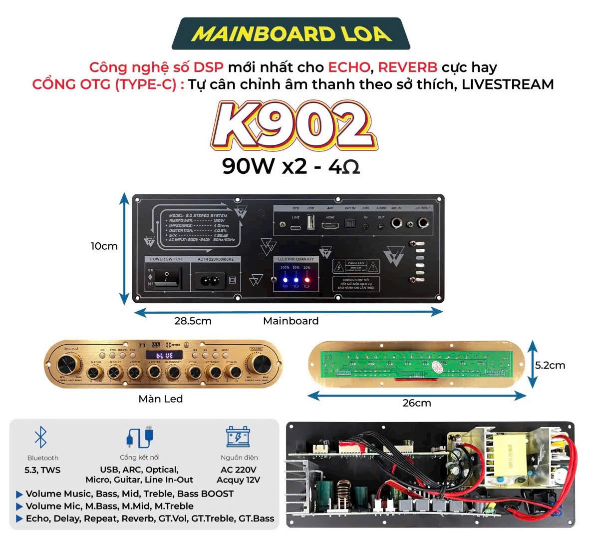 MẠCH LOA KÉO K18 PLUS ECHO DELAY CÓ REVERB SIÊU HAY (nút nhôm) 180w chuyên loa xách tay