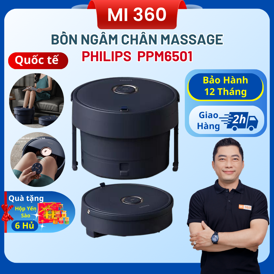 Bồn Ngâm Chân Massage PHILIPS PPM6501 - Mát xa con lăn - Làm nóng nhanh - Xếp gọn tiện lợi