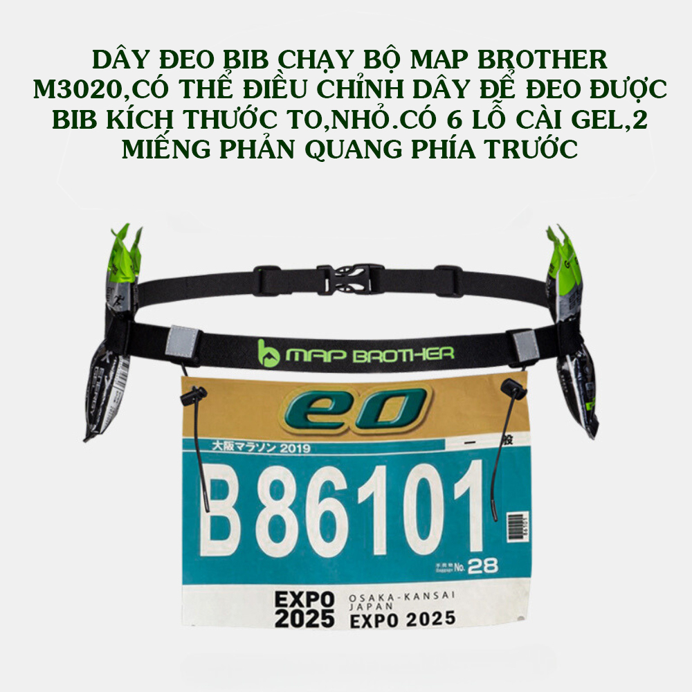 Dây đeo bib chạy bộ Map Brother,đựng 6 gói gel,phản quang phía trước
