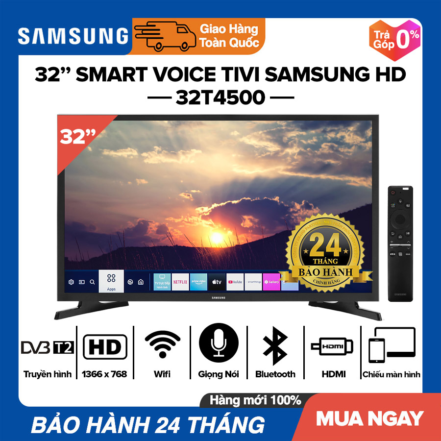 [TRẢ GÓP 0%] Smart Voice Tivi Samsung 32 inch - Model 32T4500 HD Ready Điều khiển giọng nói Chiếu màn hình điện thoại Youtube Netflix DVB-T2 Dolby Audio Tivi Giá Rẻ - Bảo Hành 2 Năm