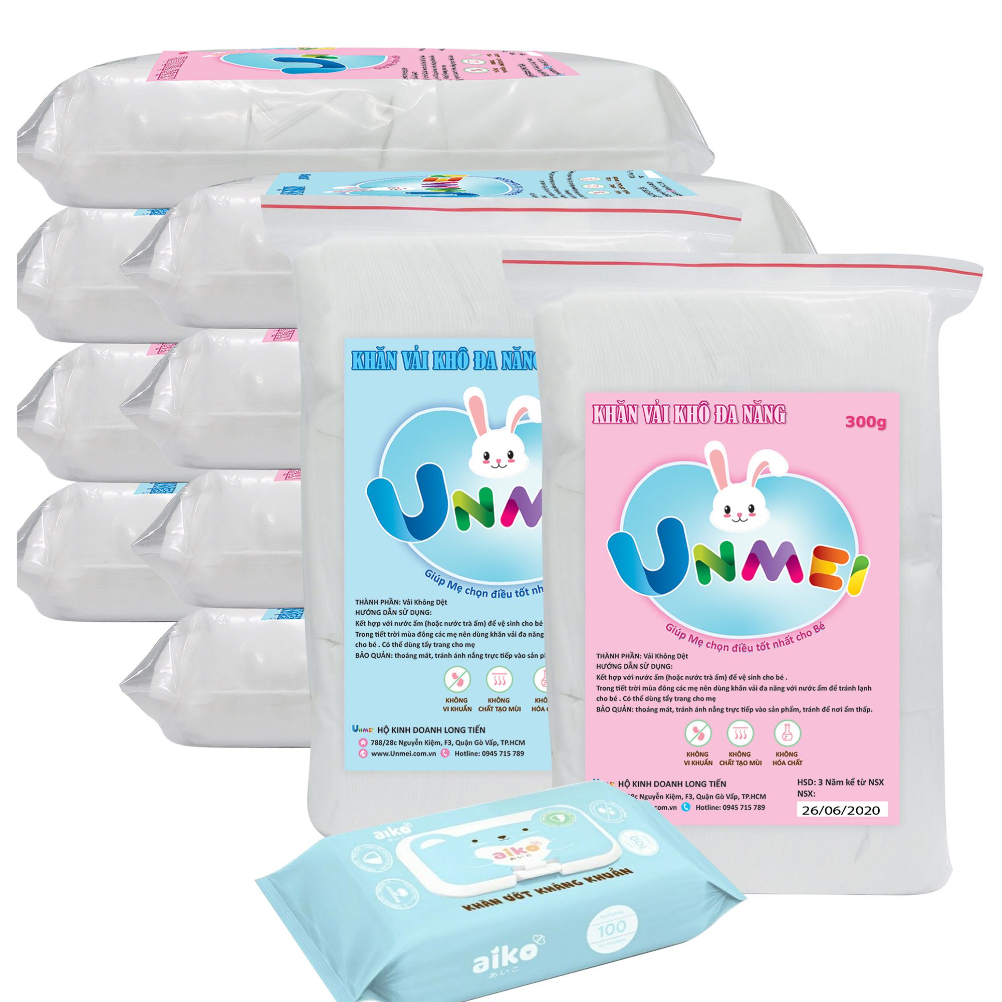 Bộ 10 Gói Khăn Vải Khô Đa Năng Unmei 300g Tặng 1 Gói Khăn Ướt Aiko 100 tờ (Giao Màu Ngẫu Nhiên)
