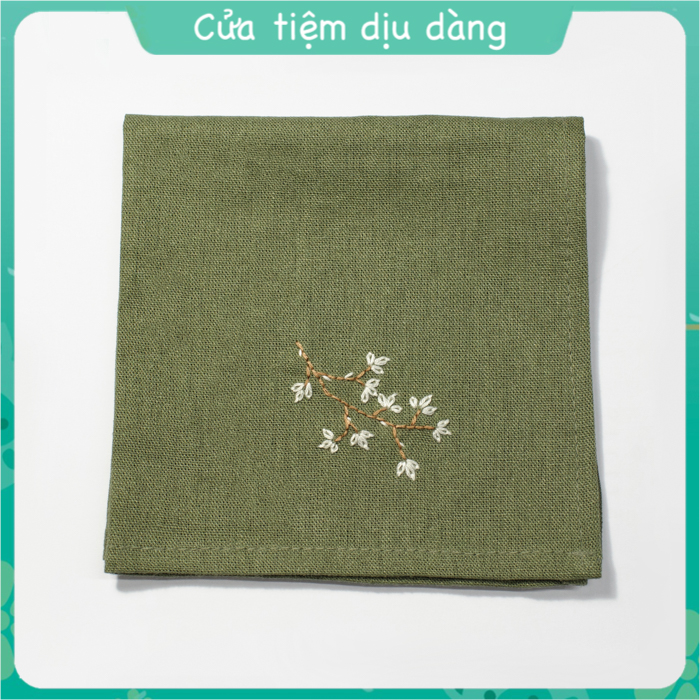 Khăn tay (Khăn mùi xoa) vải linen thêu thủ công - Lá non (Xanh rêu)