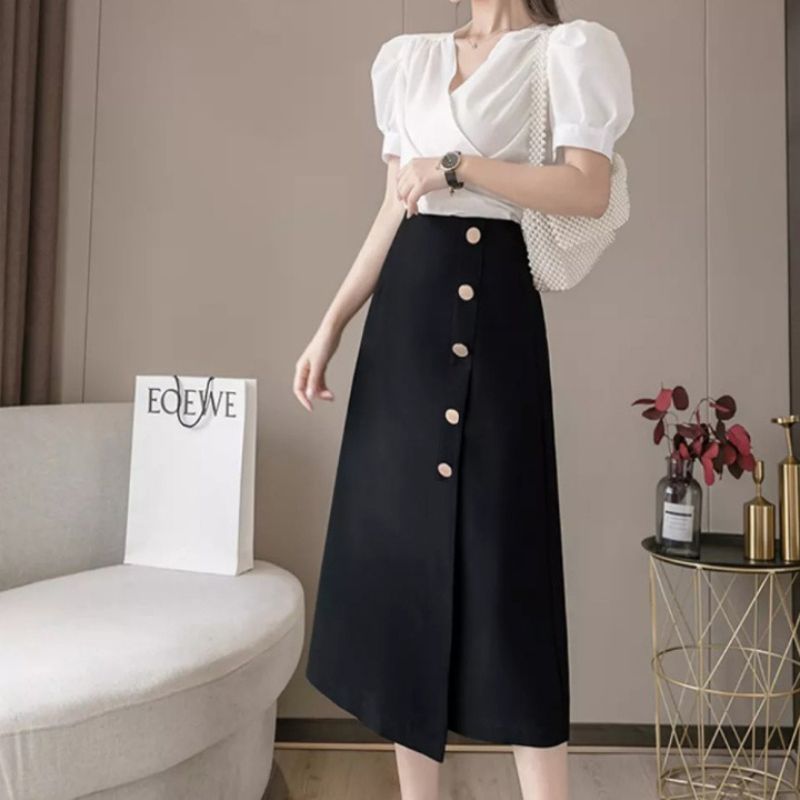 Váy công sở chữ a dáng dài, màu đen phối cúc vannhshop cv0068