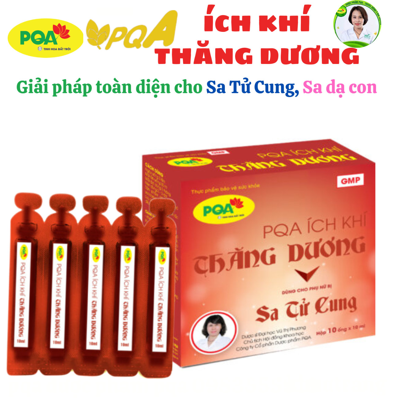 PQA Ích Khí Thăng Dương hộp 10 ống  dùng cho người bị sa tử cung, sa dạ dày, trĩ, thoát vị bẹn, ung thư cổ tử cung