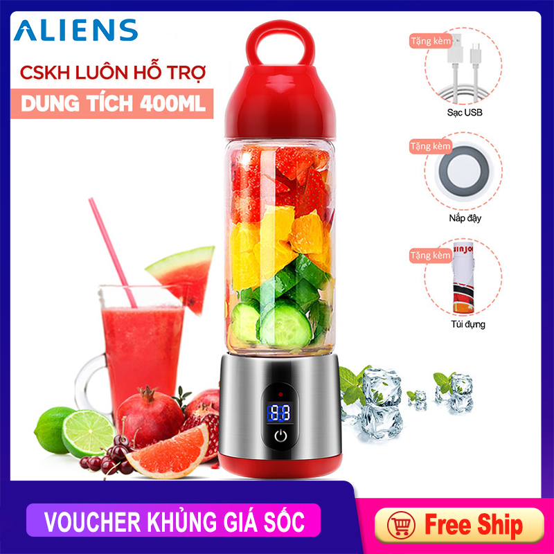 Máy xay sinh tố cầm tay mini 400ml, đa chức năng, sạc pin 6 lưỡi xay tiện lợi, bình thuỷ tinh cách nhiệt, công suất mạnh gấp đôi, tặng kèm dây sạc + nắp đậy + túi đựng