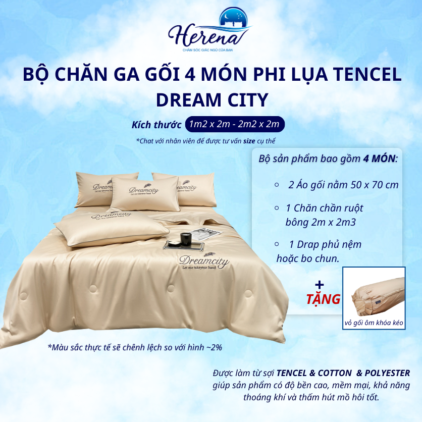 Bộ 5 món chăn ga gối chần bông phi lụa tencel dream city cao cấp herena mùa hè lụa mát thoải mái