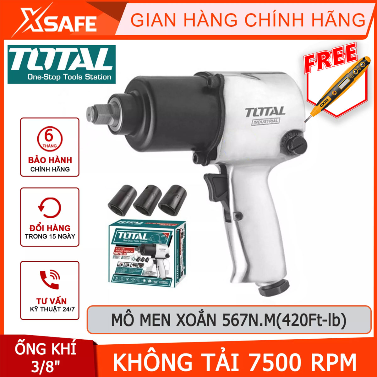 Máy vặn bu lông dùng khí nén Total TAT40121 Dụng cụsiết bu lông dùng hơi Đóng đinh vuông 13mm Kích thước 16mm Mô-men xoắn 567N.m xiết mở bulong ốc vít/ô tô/xe tải/xe máy