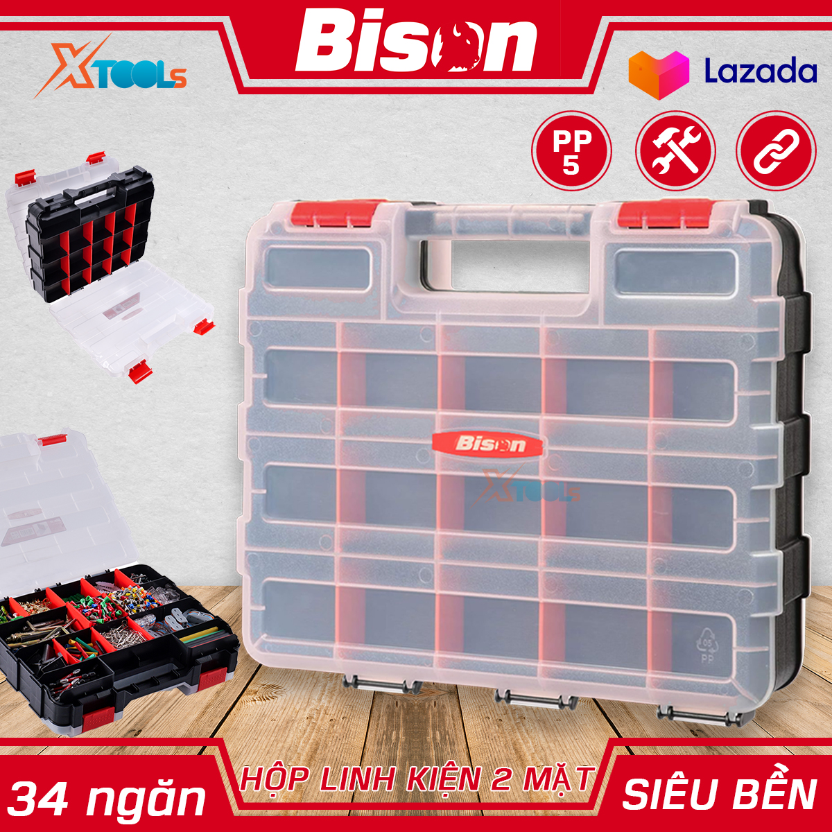 Hộp đựng linh kiện đa năng 2 mặt BISON, chất liệu nhựa PP chống va đập, vách ngăn tháo rời, hộp nhựa đựng dụng cụ đồ nghề