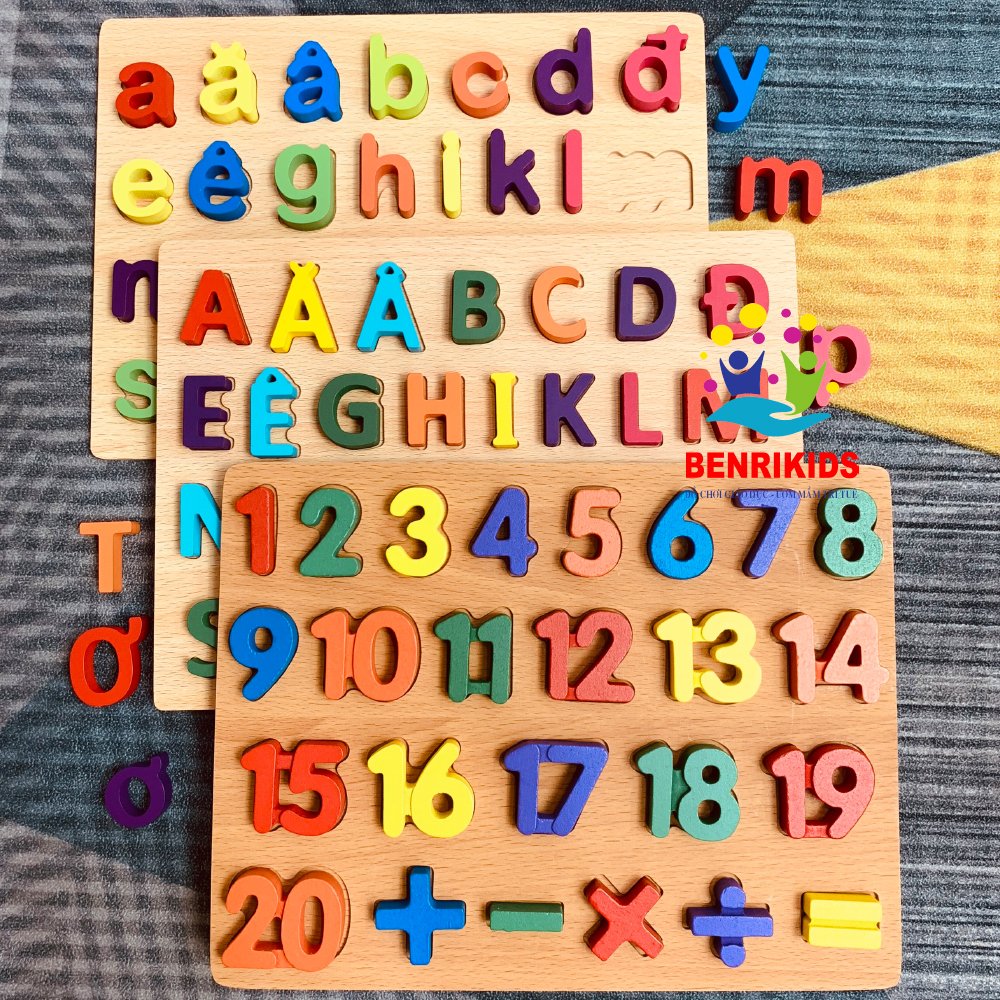 Combo 3 Bảng Lắp Ghép Chữ Cái In Hoa In Thường Số Đếm Kèm Phép Tính Bằng Gỗ Phiên Bản Mới, Đồ Chơi Gỗ Thông Minh Cho Bé Từ 1 Đến 5 Tuổi