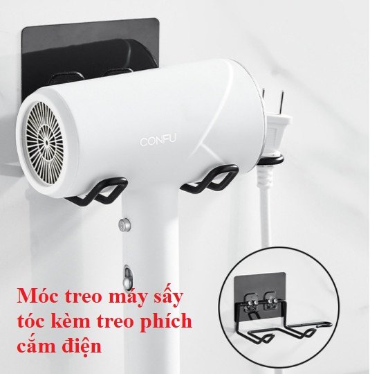 Giá, kệ treo máy sấy tóc - Chất liệu Inox 304 - Có Móc treo phích cắm điện - Dán tường tiện lợi