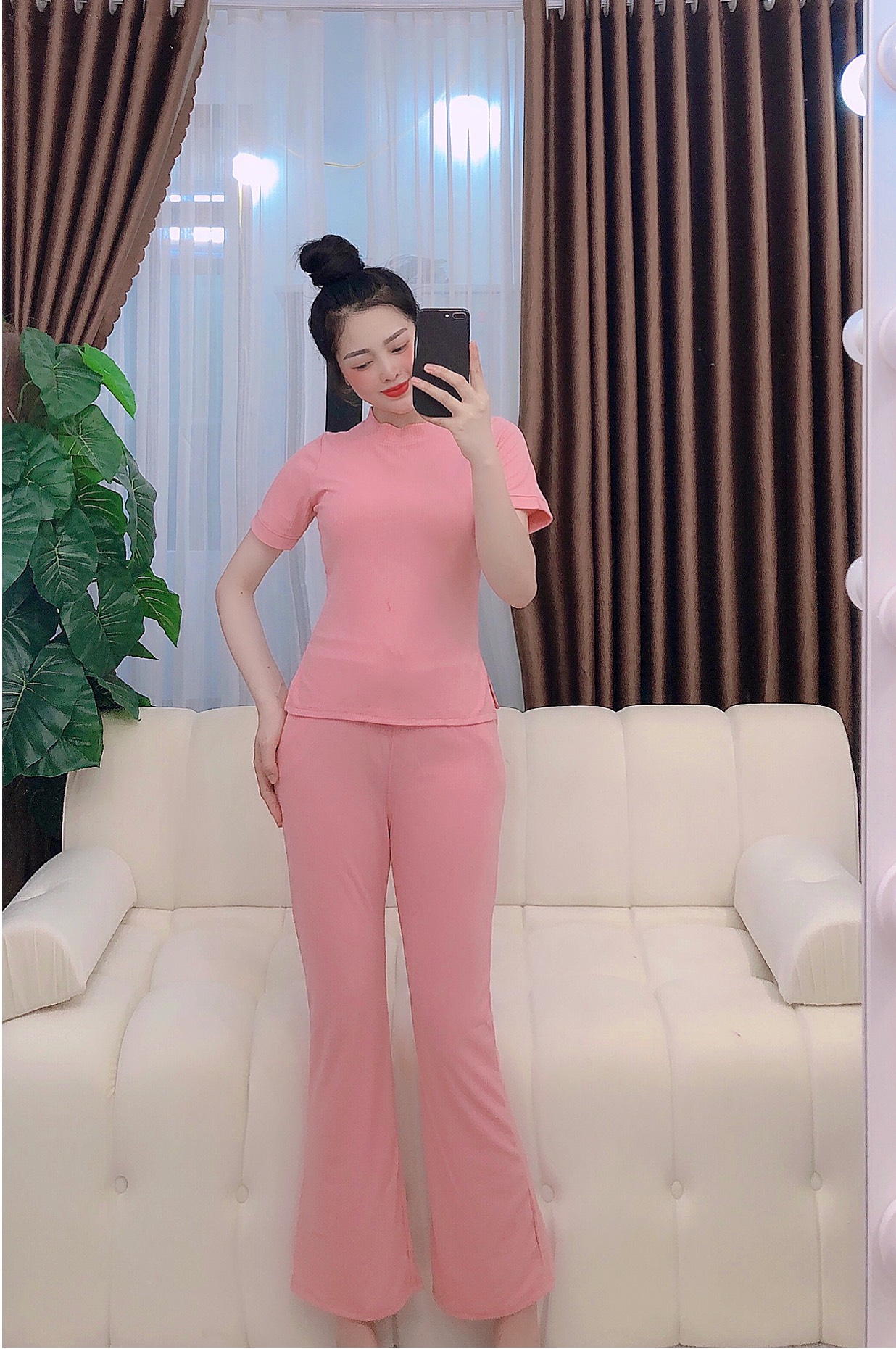 Set đồ bộ thun gân thời trang áo xẻ tà phom quần ống loe cực xinh