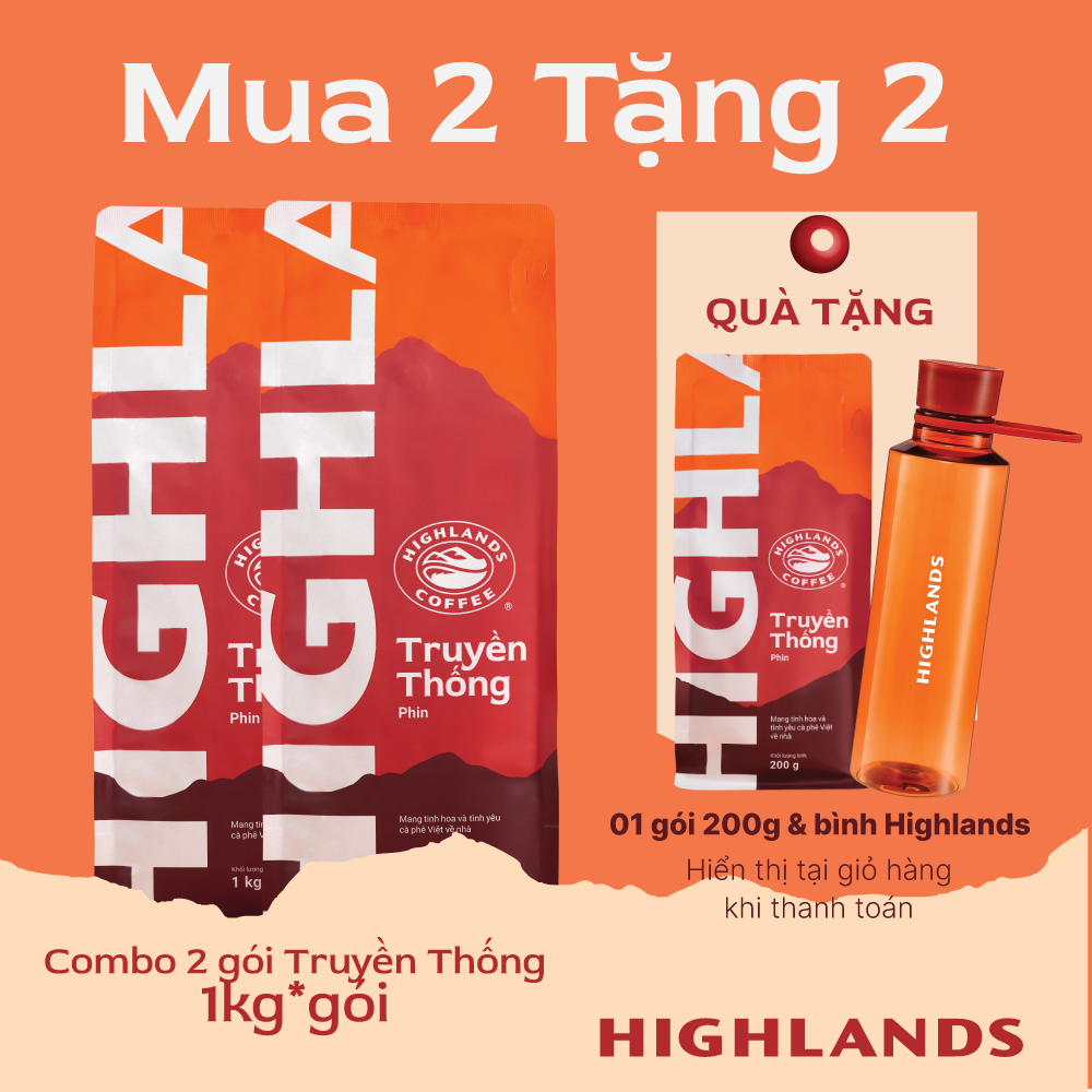 [ SALE DIỆU KỲ. Mua 2 tặng 2 (Gồm 01 gói  200g và bình Highlands)] Combo 2 Túi Cà Phê rang xay Truyền Thống Highlands Coffee 1kg. Quà tặng (nếu có) hiển thị rõ tại giỏ hàng.