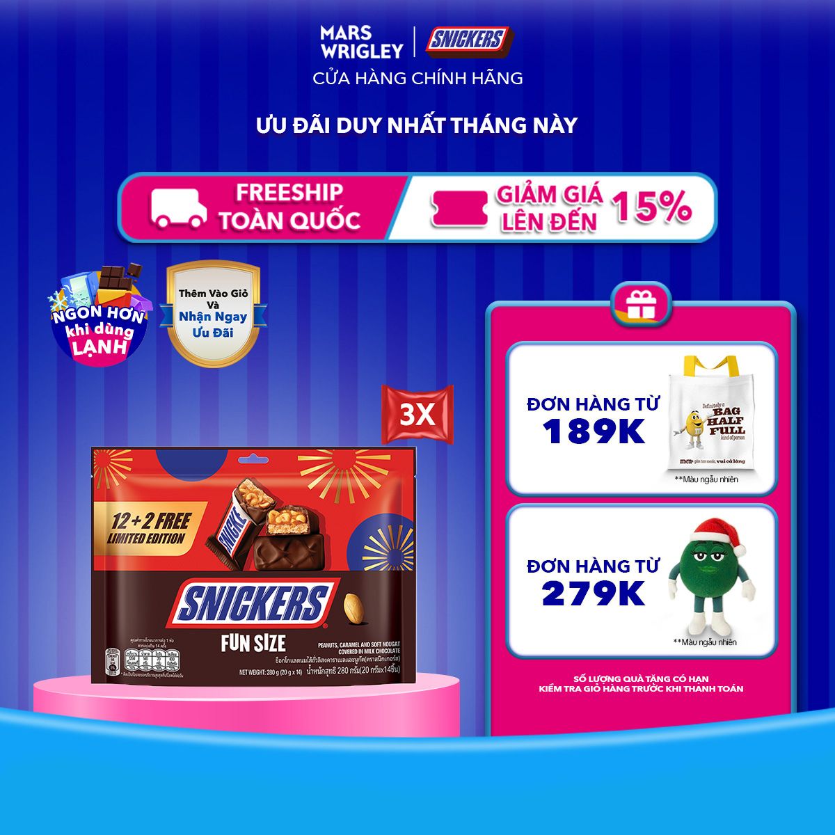 [PHIÊN BẢN TẾT GIỚI HẠN] Combo 3 túi Kẹo Socola Snickers Funsize 240g (12 thanh x 3)
