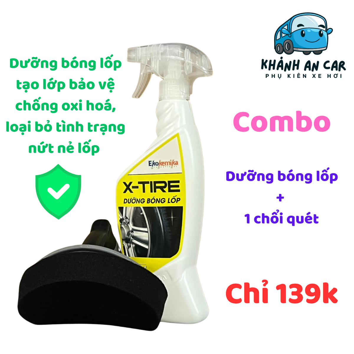 Combo dưỡng bảo vệ lốp Ekokemika X-Tire cao cấp và 1 chổi quét bóng lốp chuyên dụng