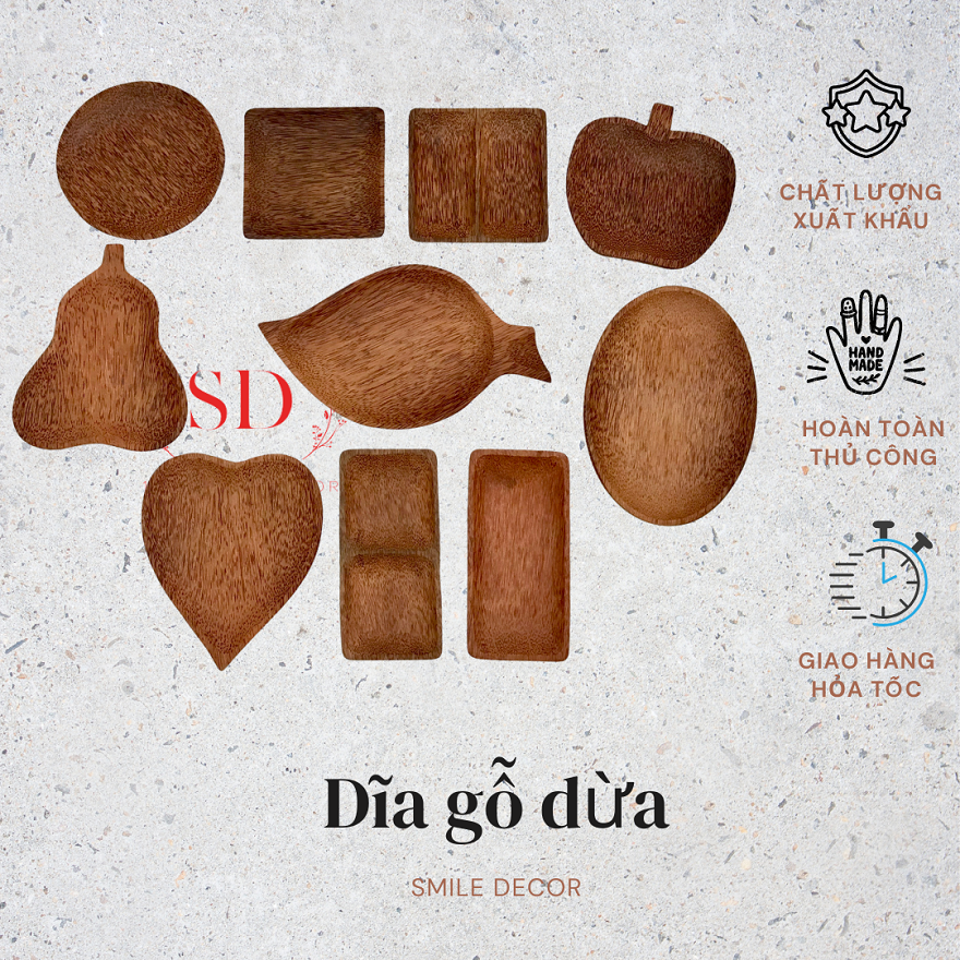 Đĩa gỗ dừa đựng thức ăn, trang trí Smile Decor