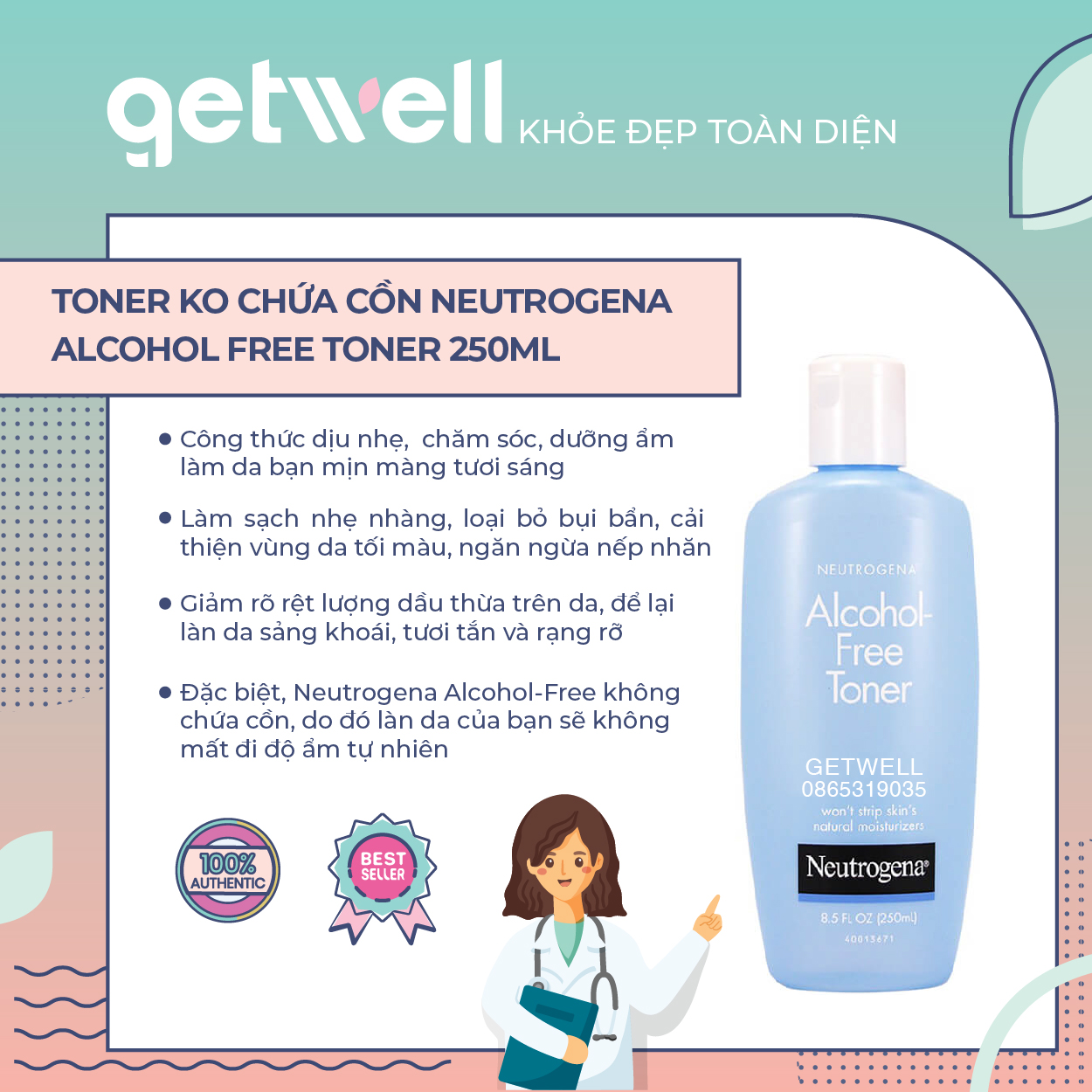 Nước hoa hồng không chứa cồn Neutrogena Alcohol Free Toner 250ml