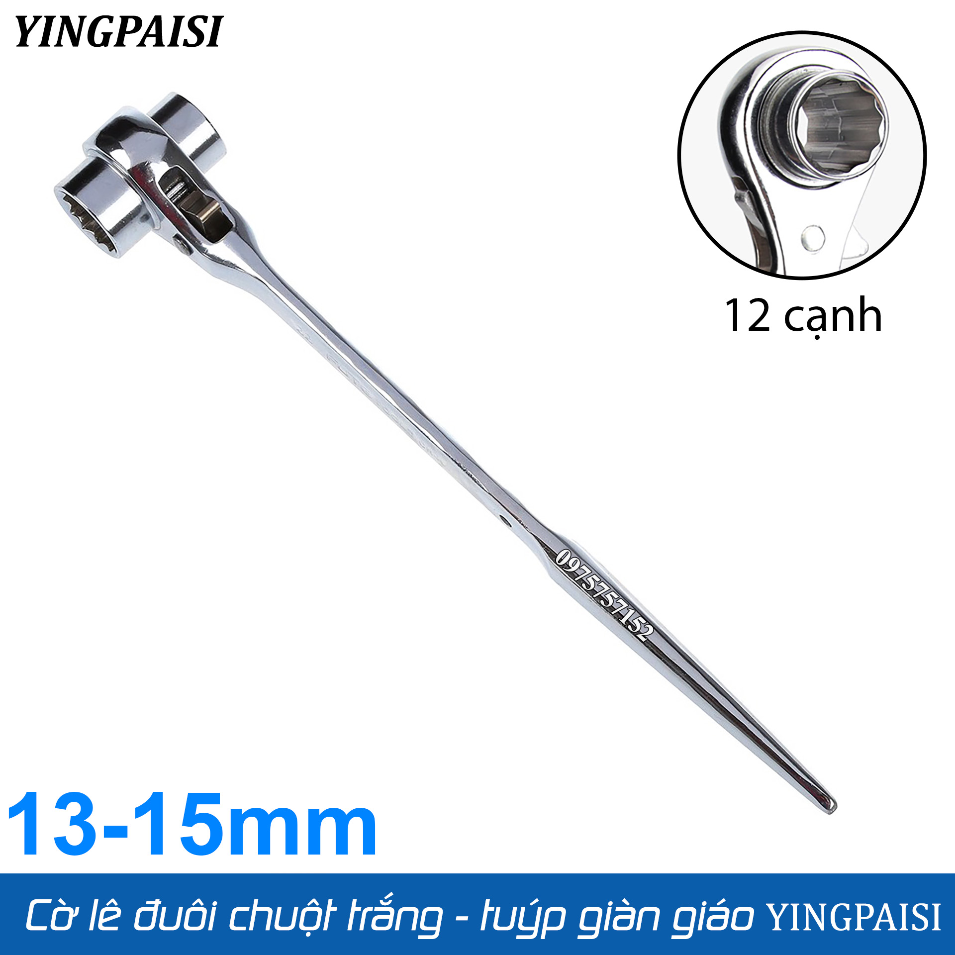 Cờ lê đuôi chuột trắng 13-15 mm, cờ lê giàn giáo tự động YINGPAISI thép trắng CR-V, tuýp giàn giáo đa năng 2 đầu, công tắc đảo chiều nhanh (Màu trắng)