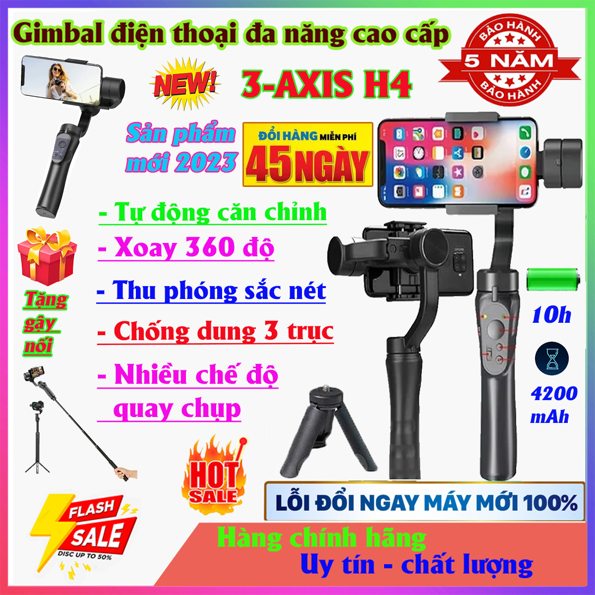 Gimbal Chống Rung Cho Điện Thoại H4 Cao Cấp, Chống Rung Cực Tốt, Thiết Bị Chống Rung Khi Quay Phim, Tay Cầm Chống Rung 3 Trục Dành Cho Máy Ảnh Điện Thoại, Gậy Chống Rung Gimbal Cho Điện Thoại