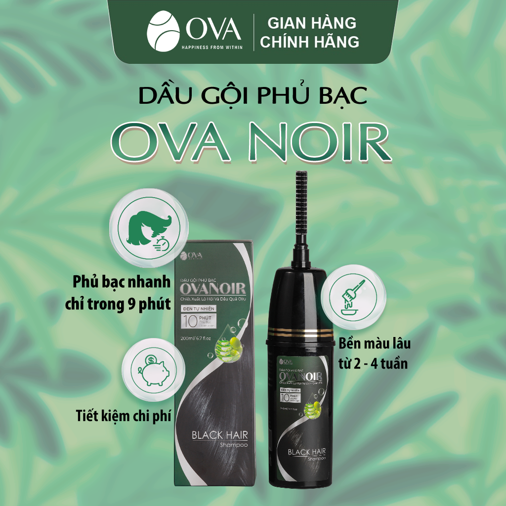 Dầu gội đen tóc chính hãng Ova Noir thảo dược tự nhiên, nhuộm tóc đen nhanh tại nhà 200ml