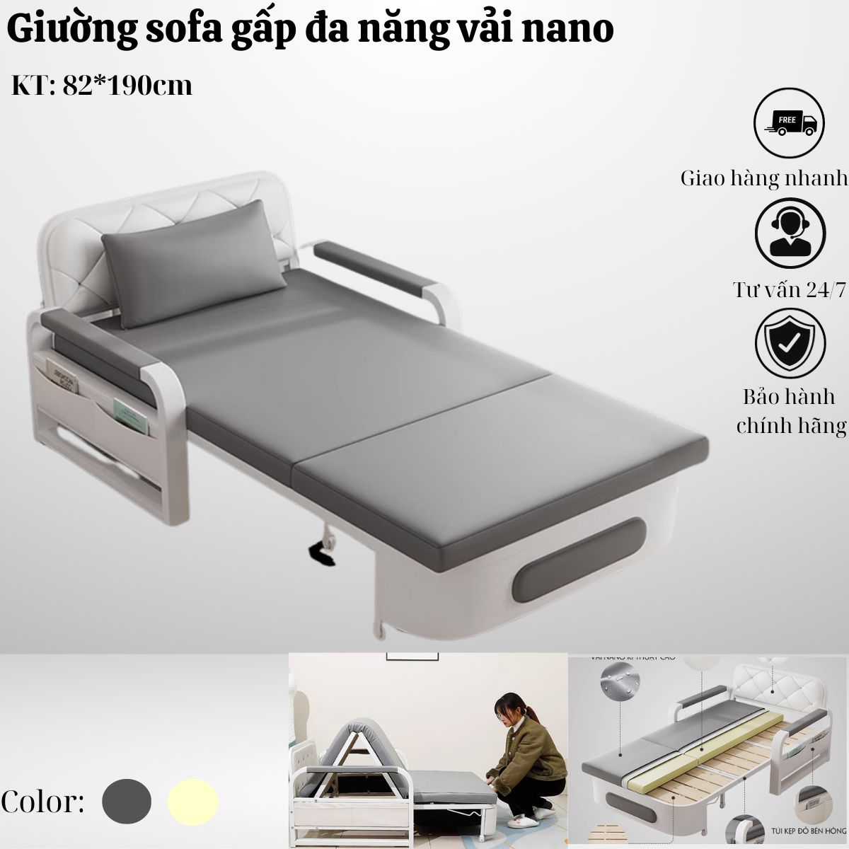 Giường sofa gấp đa năng vải nano. sofa giường gấp gọn thành ghế thông minh phong cách hiện đại