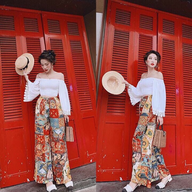 Set áo trễ vai bo nhún mix quần thổ cẩm ống xuông