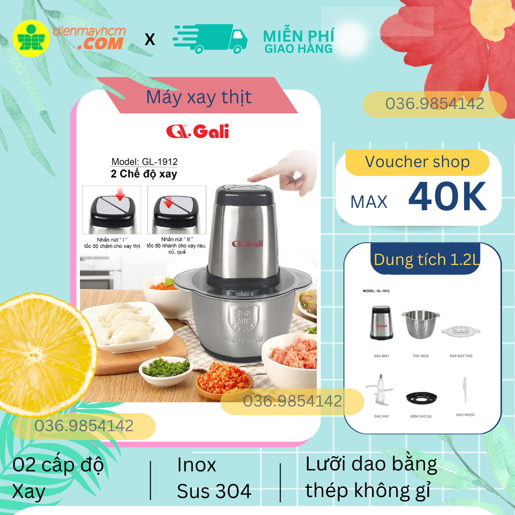 Máy xay thịt gali gl-1912 500w 1.2l 2 tốc độ 4 lưỡi dao siêu bén nhập khẩu chính hãng