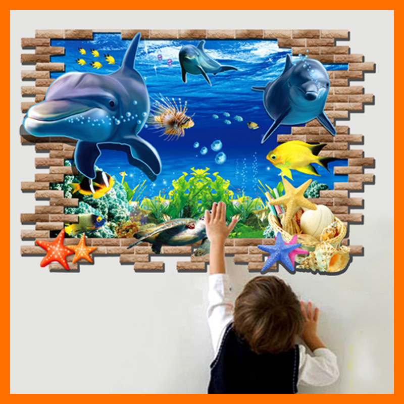 Decal dán tường cửa sổ cá heo trang trí phòng cho bé AY9706
